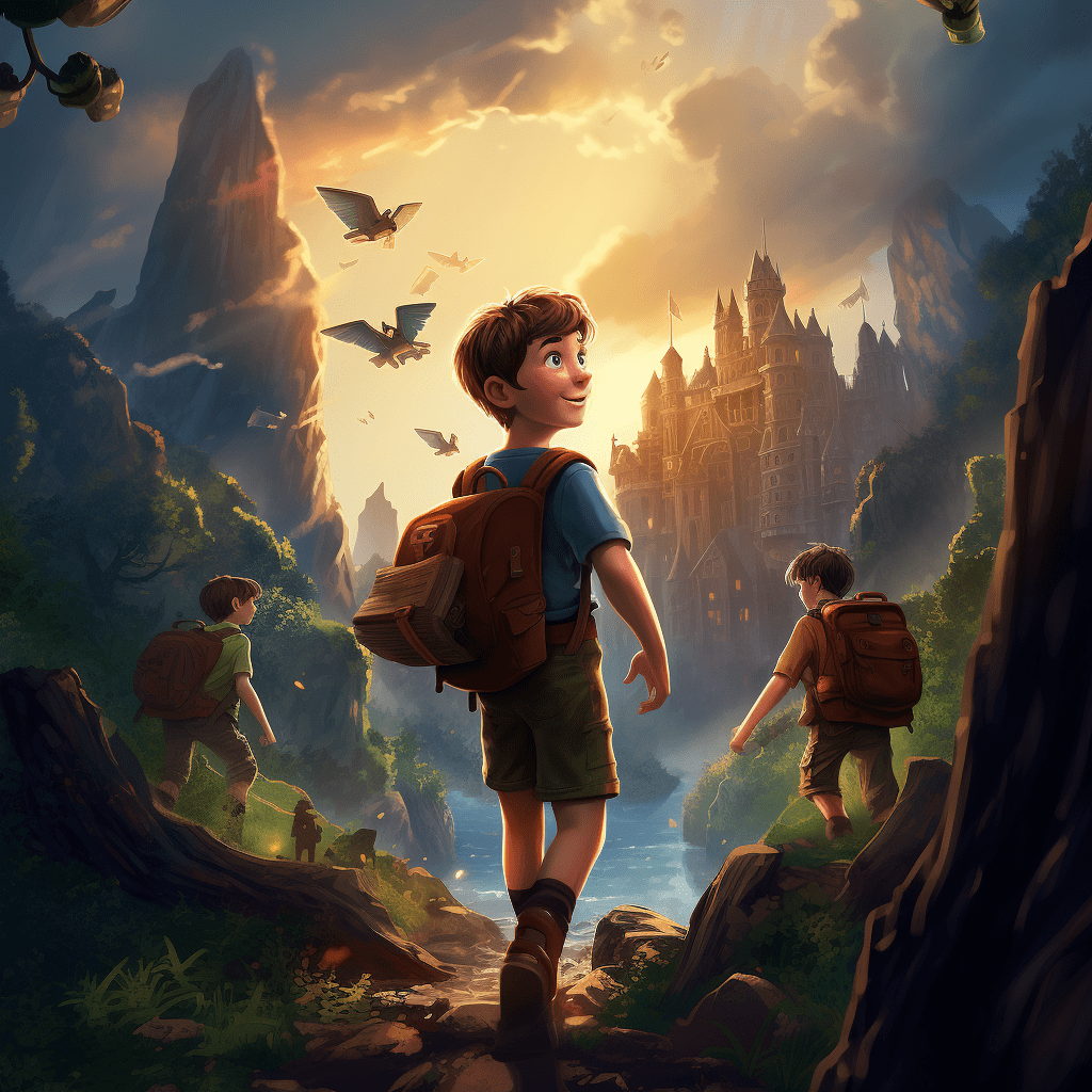 Boys with backpacks walking towards a castle with dreagond flying above them