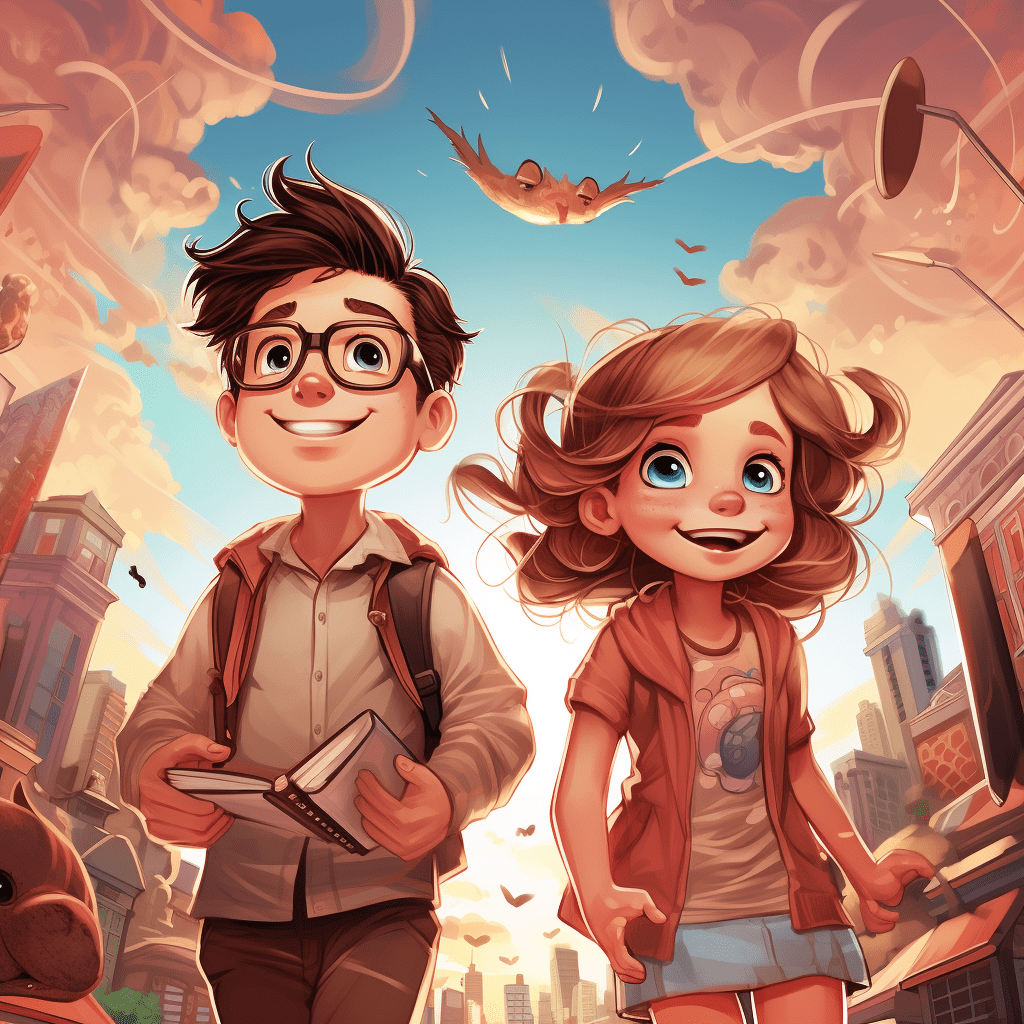 A children's comic book illustration of a boy and a girl walking in the street with a book