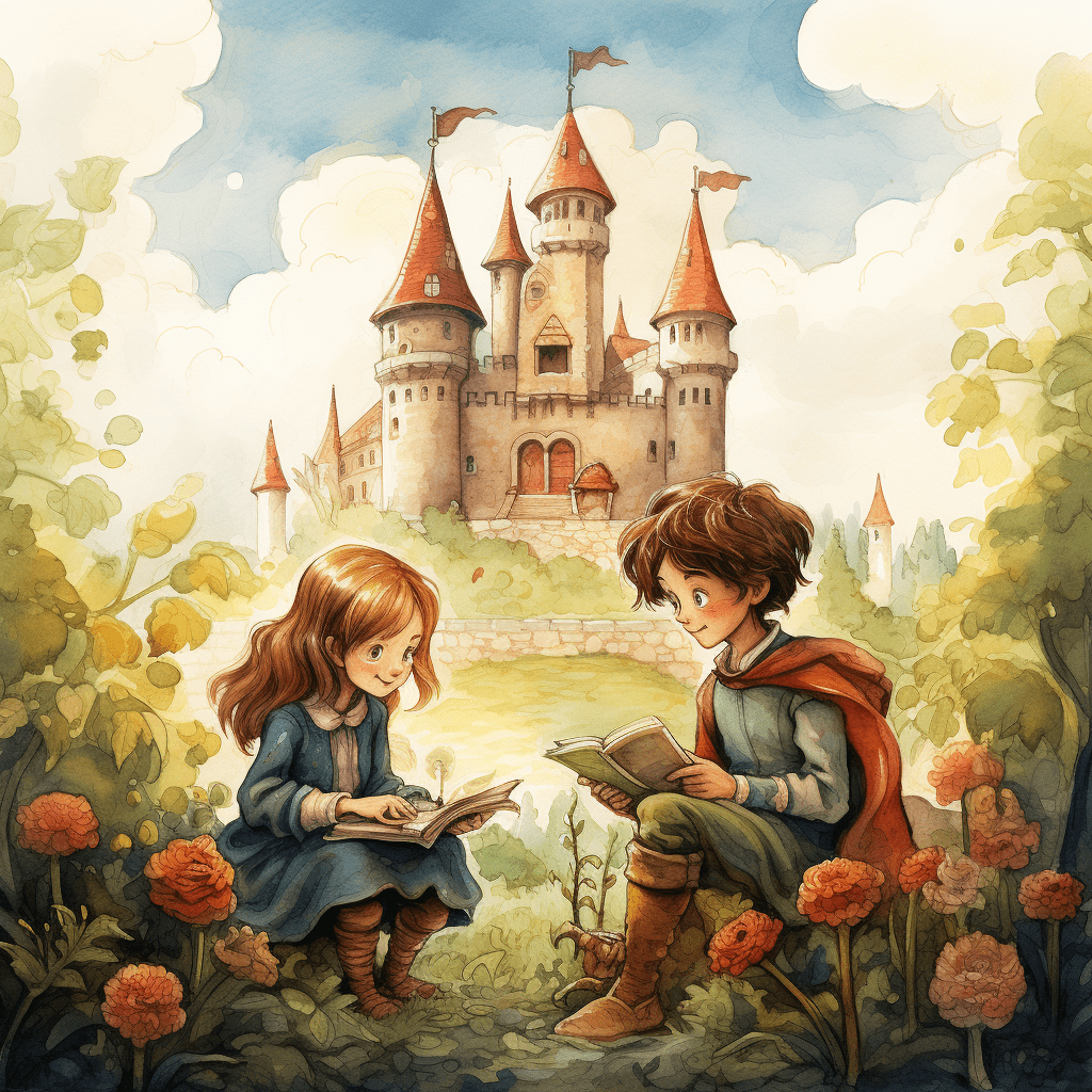 Watercolor children's illustration of a boy and a girl reading books in fromt of a castle 