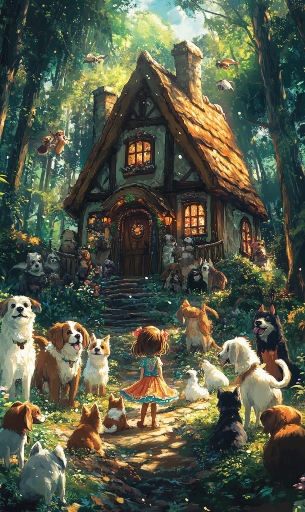 Book cover for 'Lil Bo Peep' showing the magical home and her whimsical dog friends under a starry forest sky