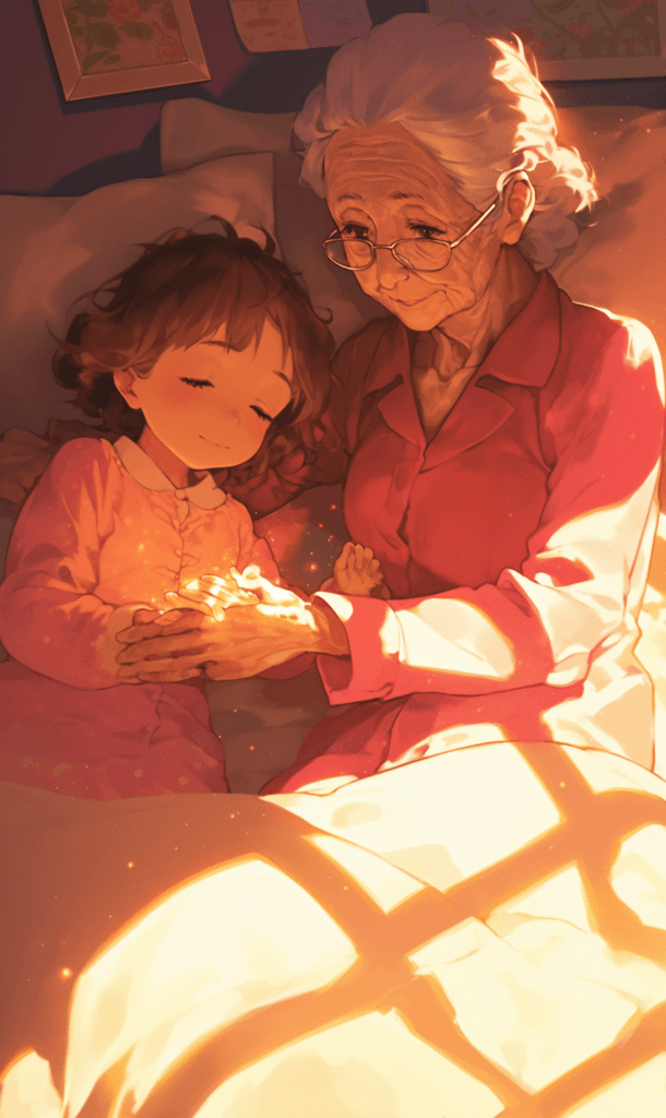 A girl smiling at her grandmother at breakfast while holding a magical pillow.