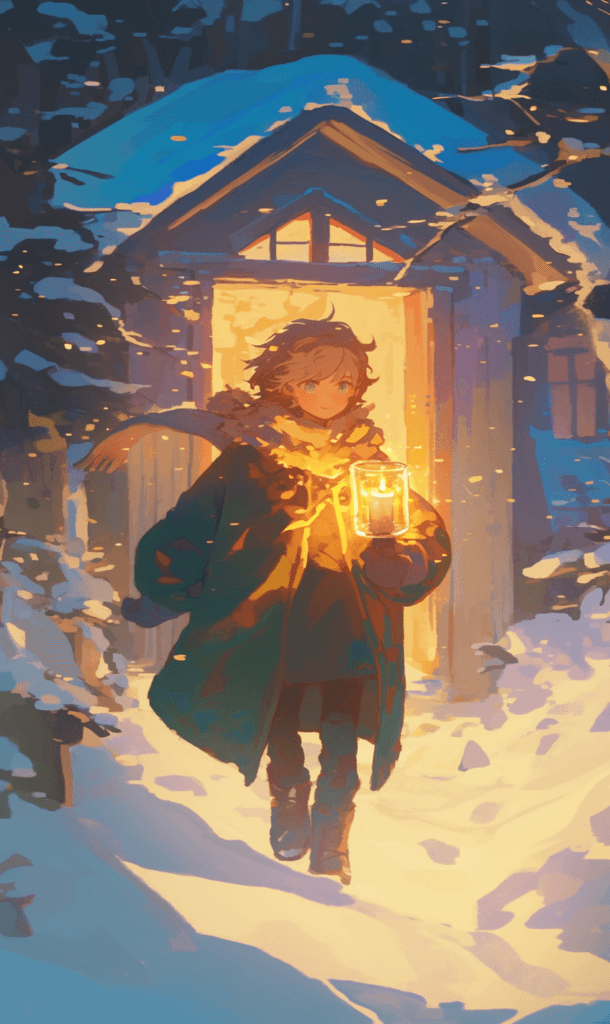 A glowing candle in a snowy house window, its golden light leading to a boy in a green coat in the magical forest.